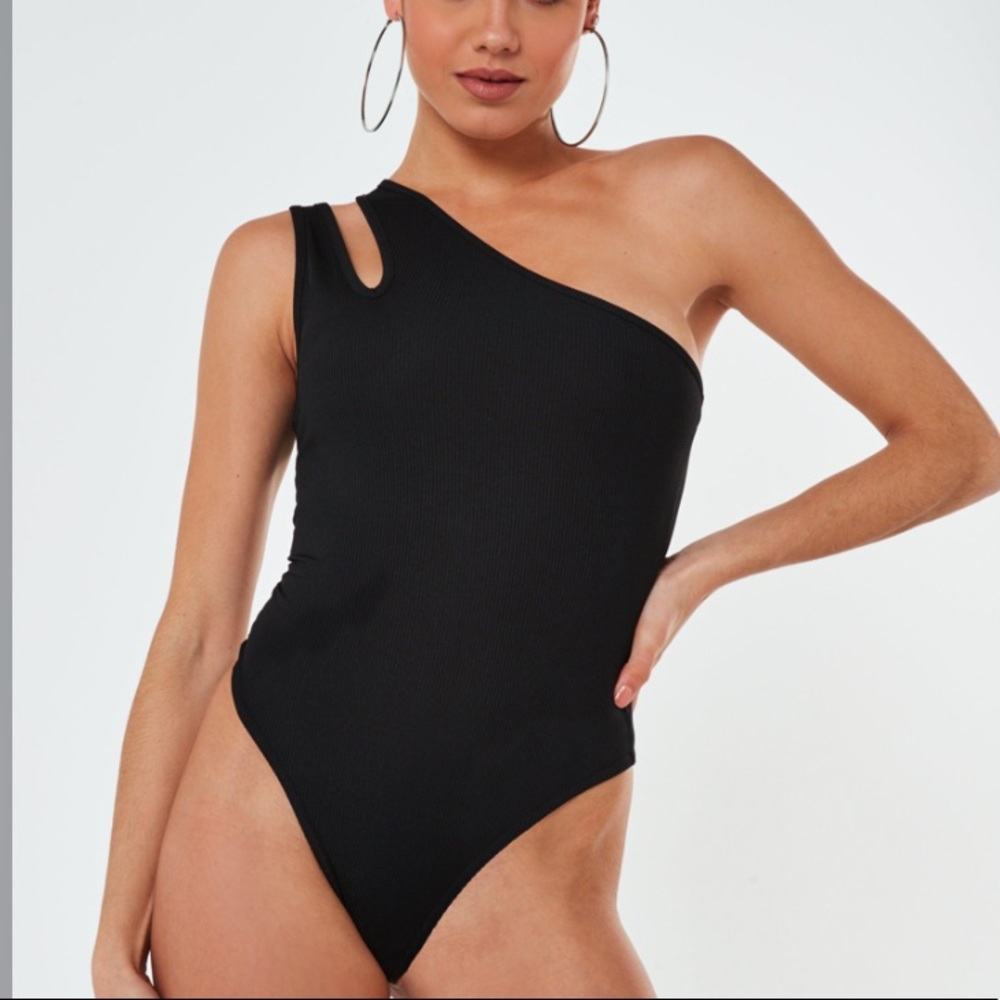 Missguided Black Rib Double Strap One Shoulder Bodysuit